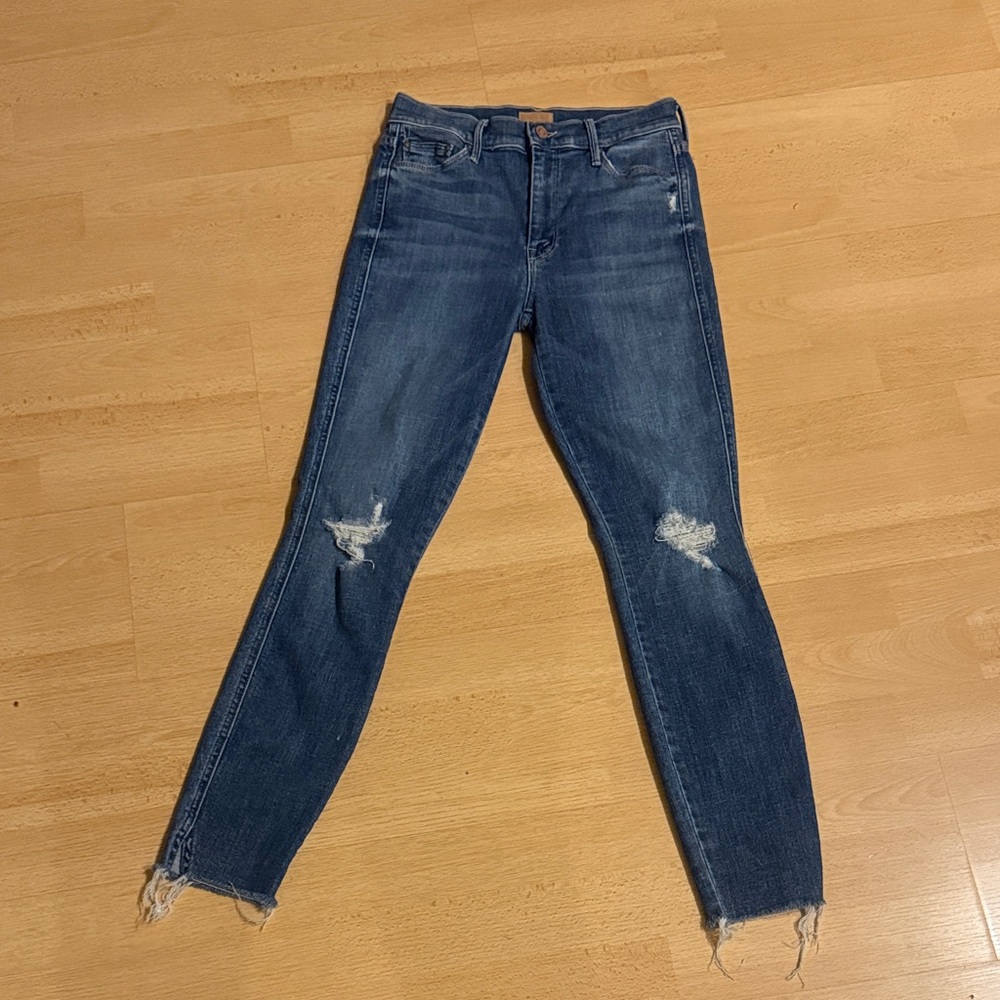MOTHER The Vamp Fray Skinny Jeans Crazy Like a Fox Blue Size 26 Raw Hem